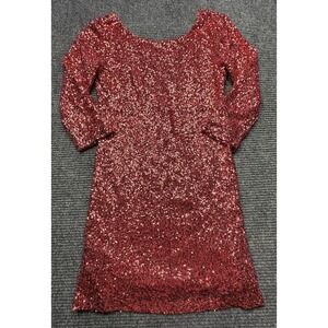 Alythea‎ Dress Womens Medium Red Sequin 3/4 Sleeve Scoop Back Sheath Mini Party